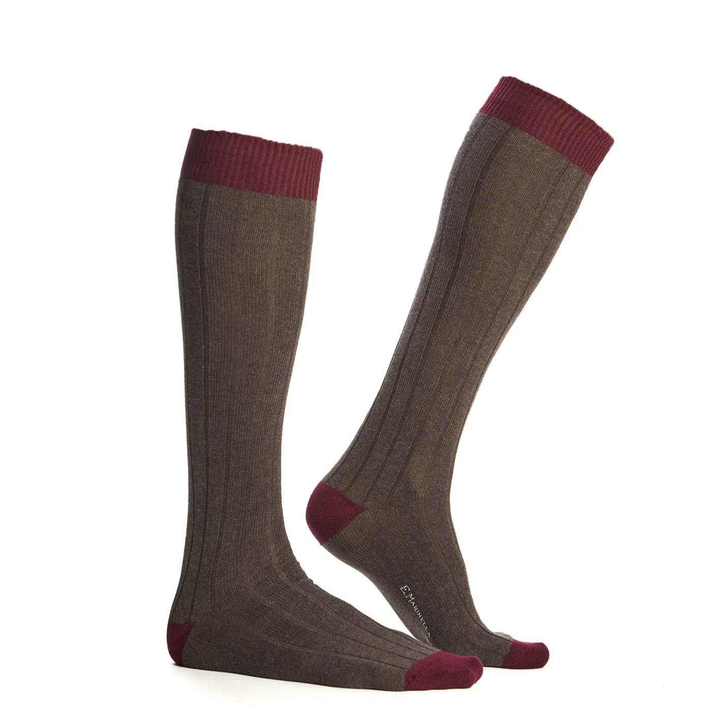 E.Marinella CALZE LUNGHE BICOLORE MARRONE E BORDEAUX IN COTONE Tinta unita