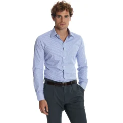 E.Marinella CAMICIA CLASSICA A RIGHE BIANCO E BLU SLIM In cotone popeline New