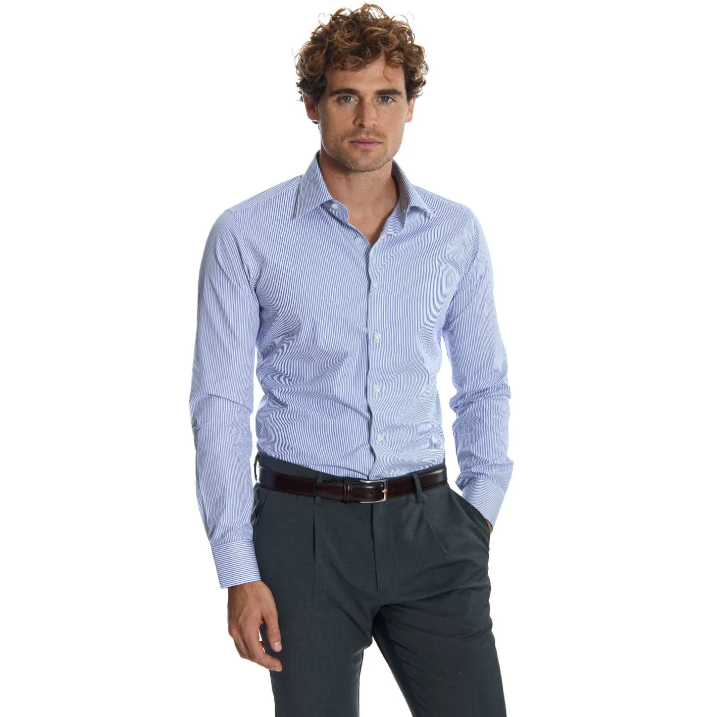 E.Marinella CAMICIA CLASSICA A RIGHE BIANCO E BLU SLIM In cotone popeline New