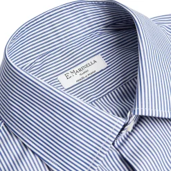 E.Marinella CAMICIA CLASSICA A RIGHE BIANCO E BLU SLIM In cotone popeline New