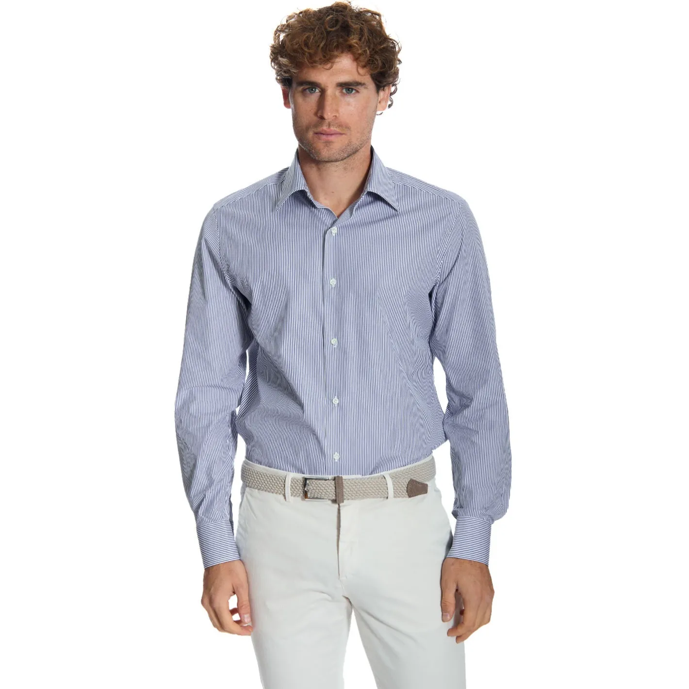 E.Marinella CAMICIA CLASSICA RIGHE BIANCO E BLU REGULAR In cotone popeline Outlet