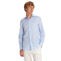 E.Marinella CAMICIA IN LINO AZZURRA Con bottoni in madreperla Online