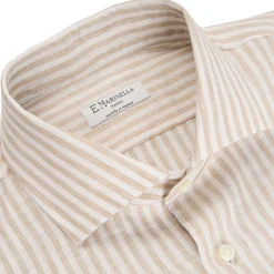 E.Marinella CAMICIA IN LINO BIANCA E BEIGE Rigata Outlet
