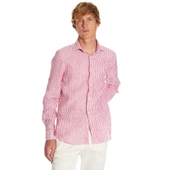 E.Marinella CAMICIA IN LINO BIANCA E BORDEAUX Rigata Online