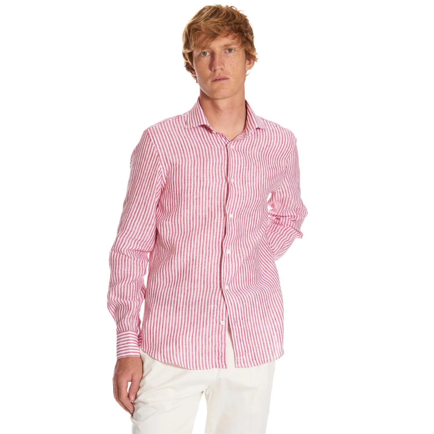 E.Marinella CAMICIA IN LINO BIANCA E BORDEAUX Rigata Online
