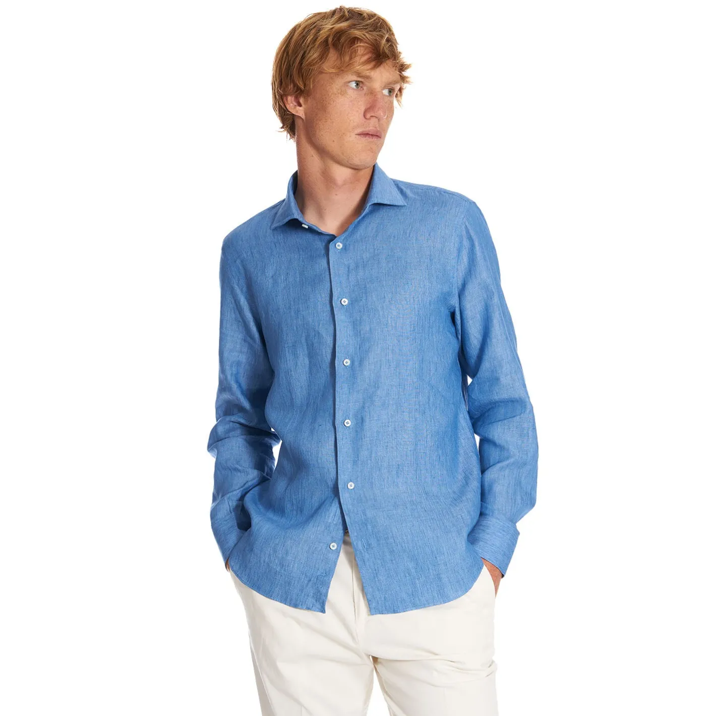 E.Marinella CAMICIA IN LINO BLUETTE Con bottoni in madreperla Discount