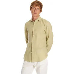 E.Marinella CAMICIA IN LINO VERDE CHIARO Con bottoni in madreperla