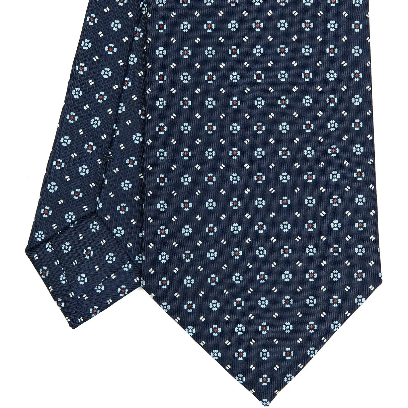 E.Marinella CRAVATTA SARTORIALE CLASSICA IN SETA BLU SCURO Microfantasia fiore New