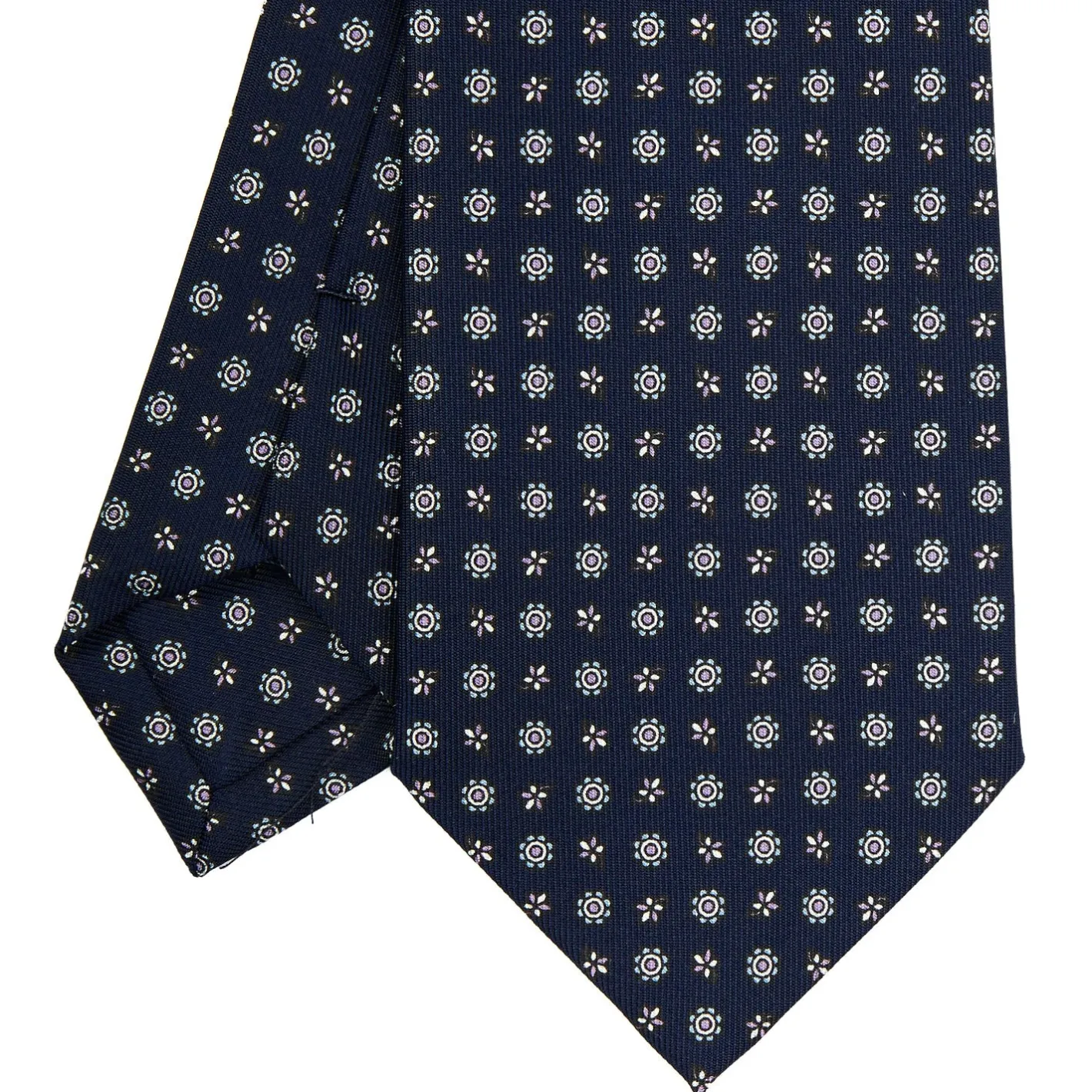 E.Marinella CRAVATTA SARTORIALE CLASSICA IN SETA BLU SCURO Microfantasia fiore New