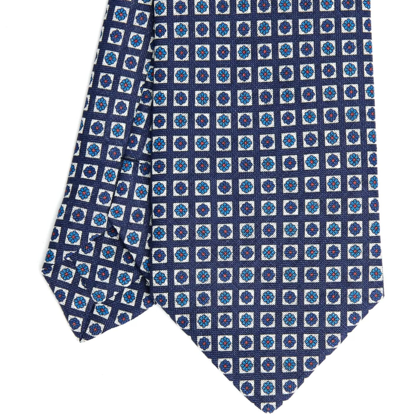 E.Marinella CRAVATTA SARTORIALE IN LINO BLU Microfantasia fiore Clearance