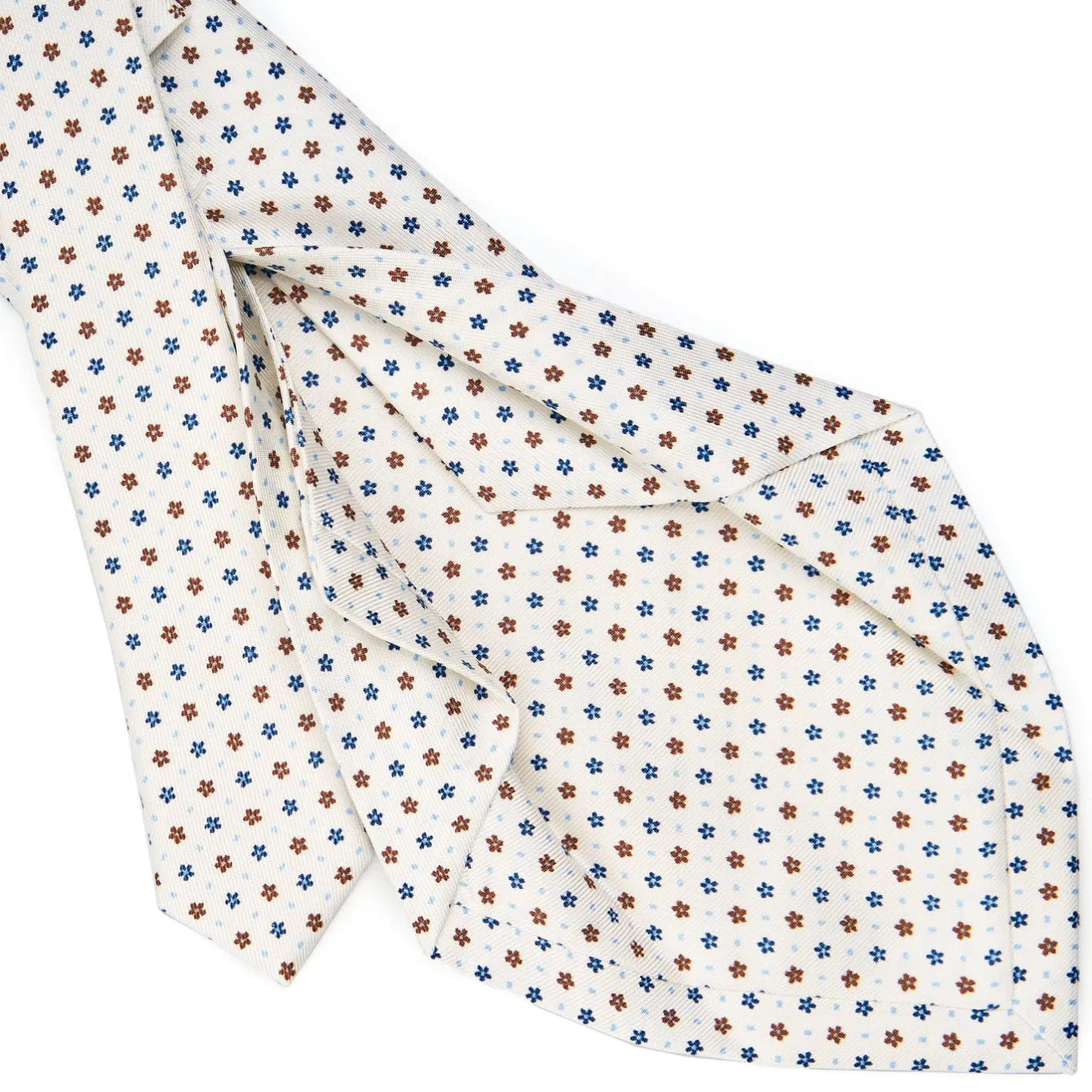 E.Marinella CRAVATTA SARTORIALE 5 PIEGHE IN SETA BIANCA Microfantasia fiore Outlet