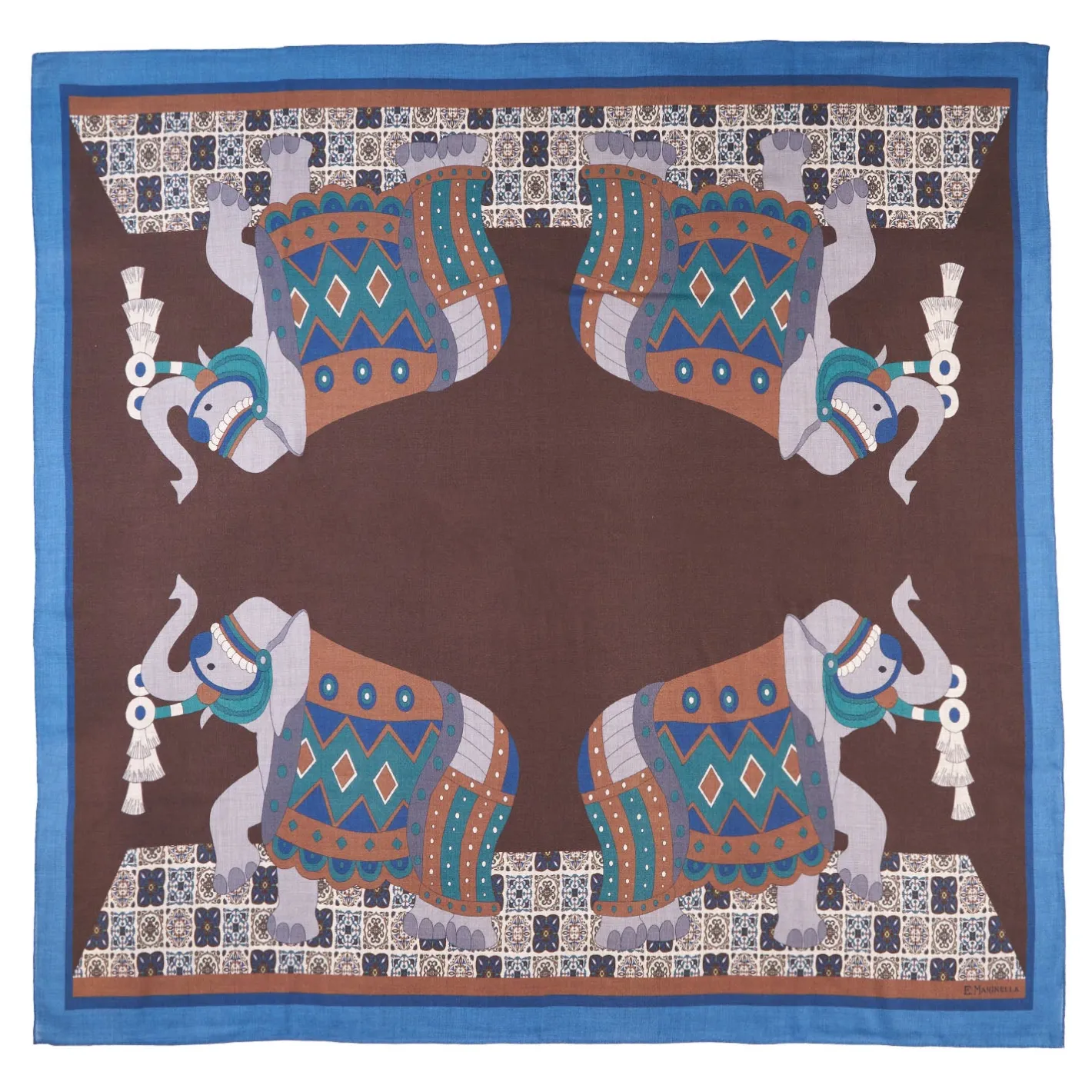 E.Marinella FOULARD BLUETTE E MARRONE SCURO IN LANA Motivo etnico Online