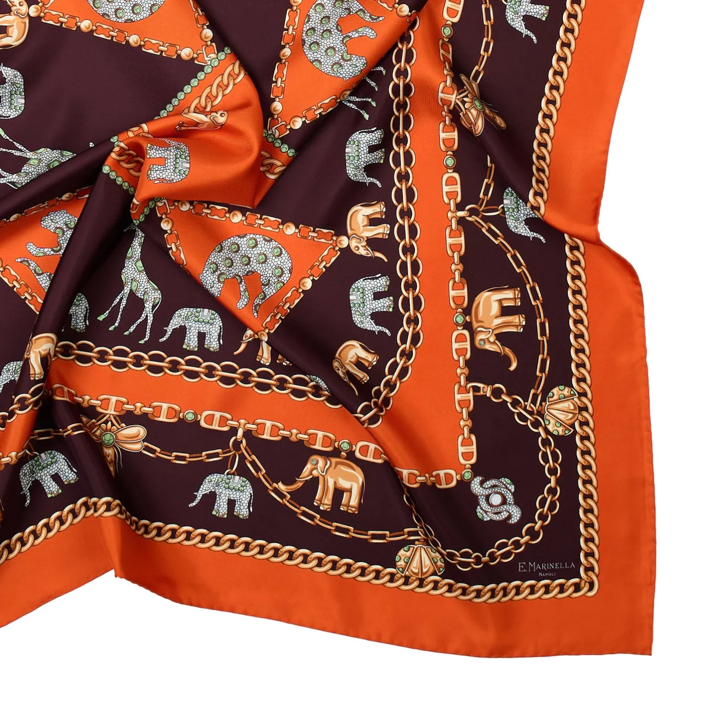 E.Marinella FOULARD IN SETA 90 ARANCIONE Elefanti portafortuna Outlet