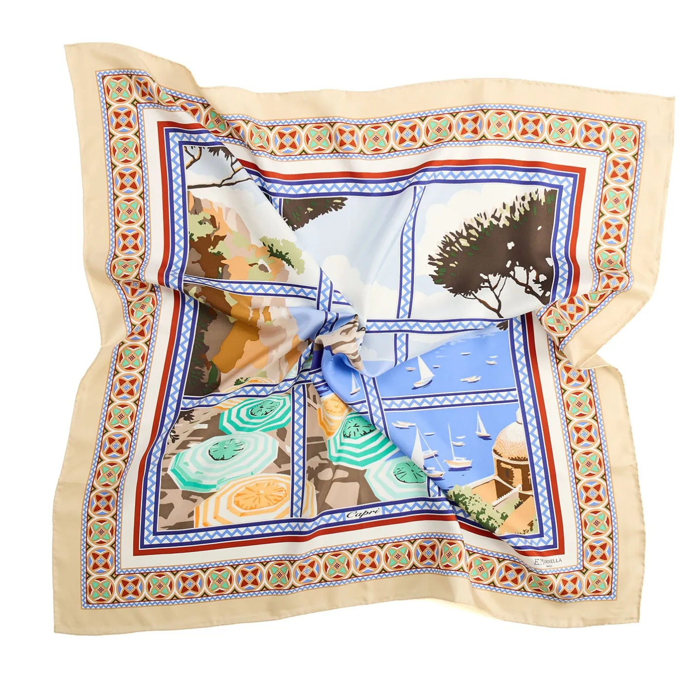 E.Marinella FOULARD IN SETA 90 BEIGE I faraglioni di capri Clearance