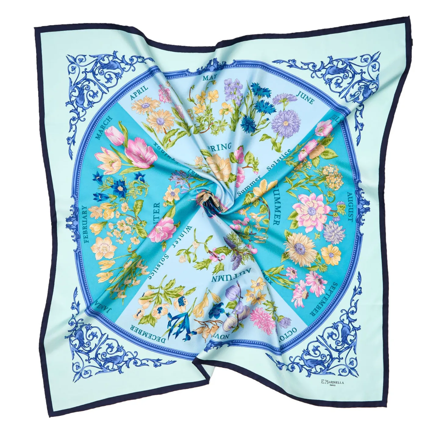 E.Marinella FOULARD IN SETA 90 BLU La ruota delle stagioni New