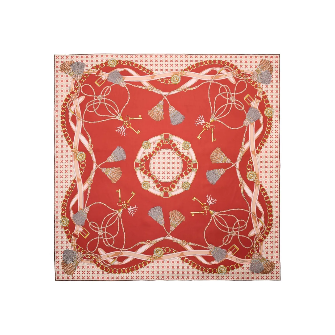 E.Marinella FOULARD IN SETA 90 MARRONE CHIARO Microfantasia, nappine e chiavi Clearance