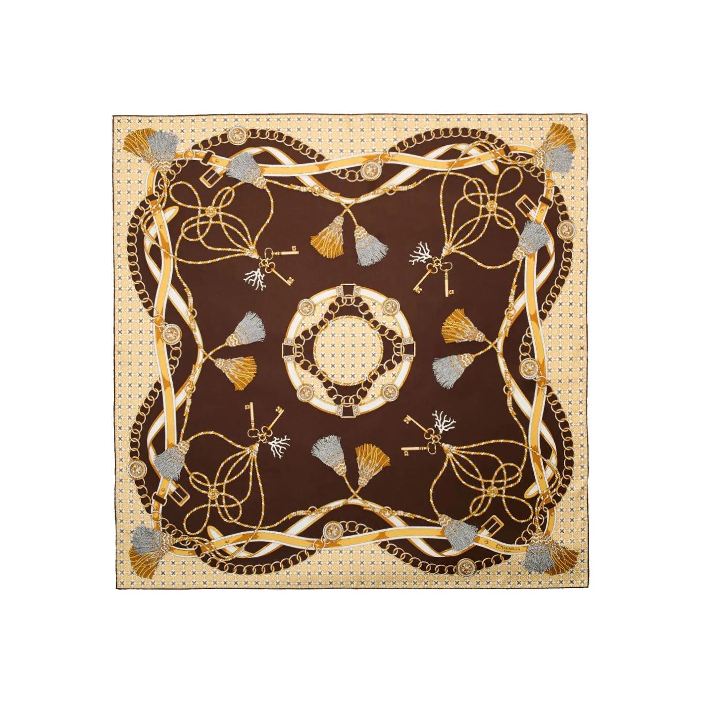 E.Marinella FOULARD IN SETA 90 MARRONE SCURO Microfantasia, nappine e chiavi Outlet