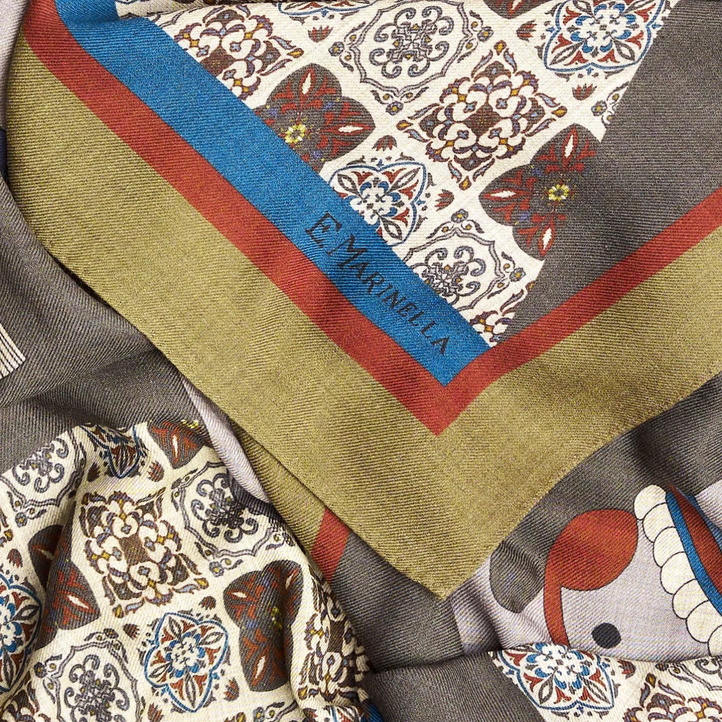 E.Marinella FOULARD VERDE CHIARO E GRIGIO IN LANA Motivo etnico New