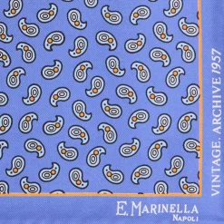 E.Marinella POCHETTE DA TASCHINO IN SETA STAMPATA A MANO AZZURRO POLVERE Fantasia archivio 1957 New