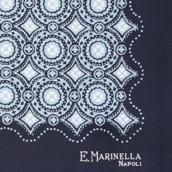 E.Marinella POCHETTE DA TASCHINO IN SETA STAMPATA A MANO BLU SCURO Macrofantasia fiore New