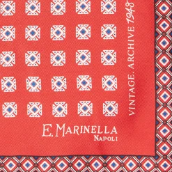 E.Marinella POCHETTE DA TASCHINO IN SETA STAMPATA A MANO ROSSA Fantasia archivio 1949