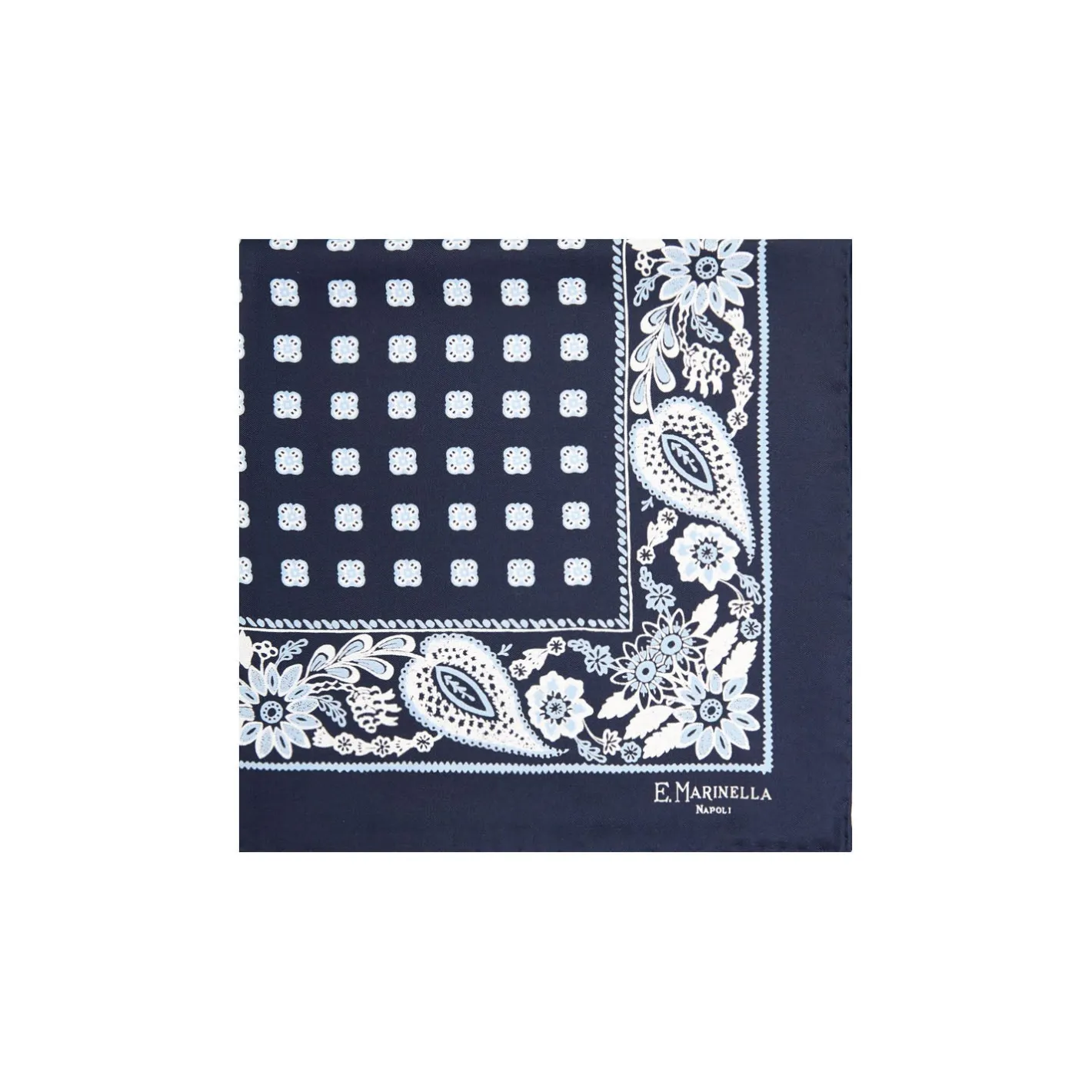 E.Marinella POCHETTE DA TASCHINO IN SETA STAMPATA A MANO BLU SCURO Microfantasia fiore