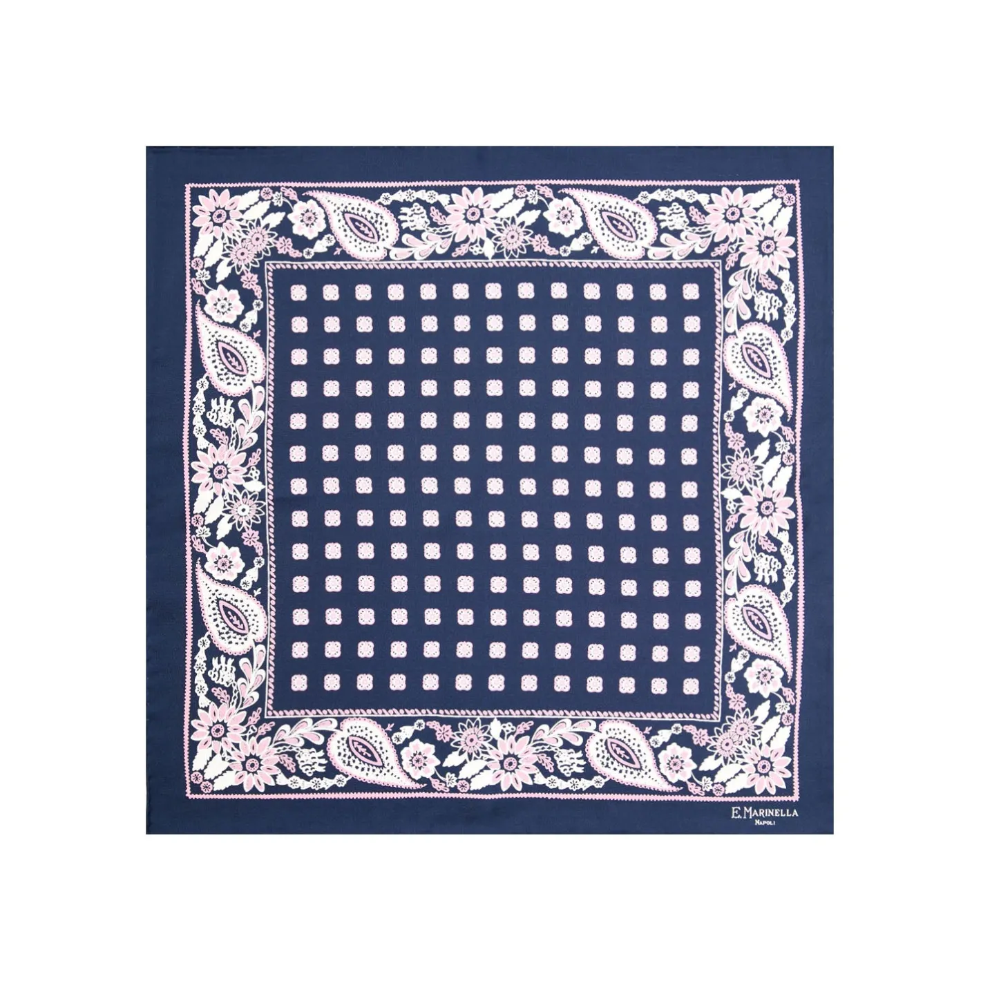 E.Marinella POCHETTE DA TASCHINO IN SETA STAMPATA A MANO BLU SCURO Microfantasia fiore Sale
