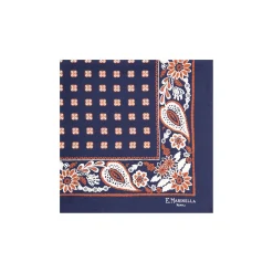 E.Marinella POCHETTE DA TASCHINO IN SETA STAMPATA A MANO BLU SCURO Microfantasia fiore Sale
