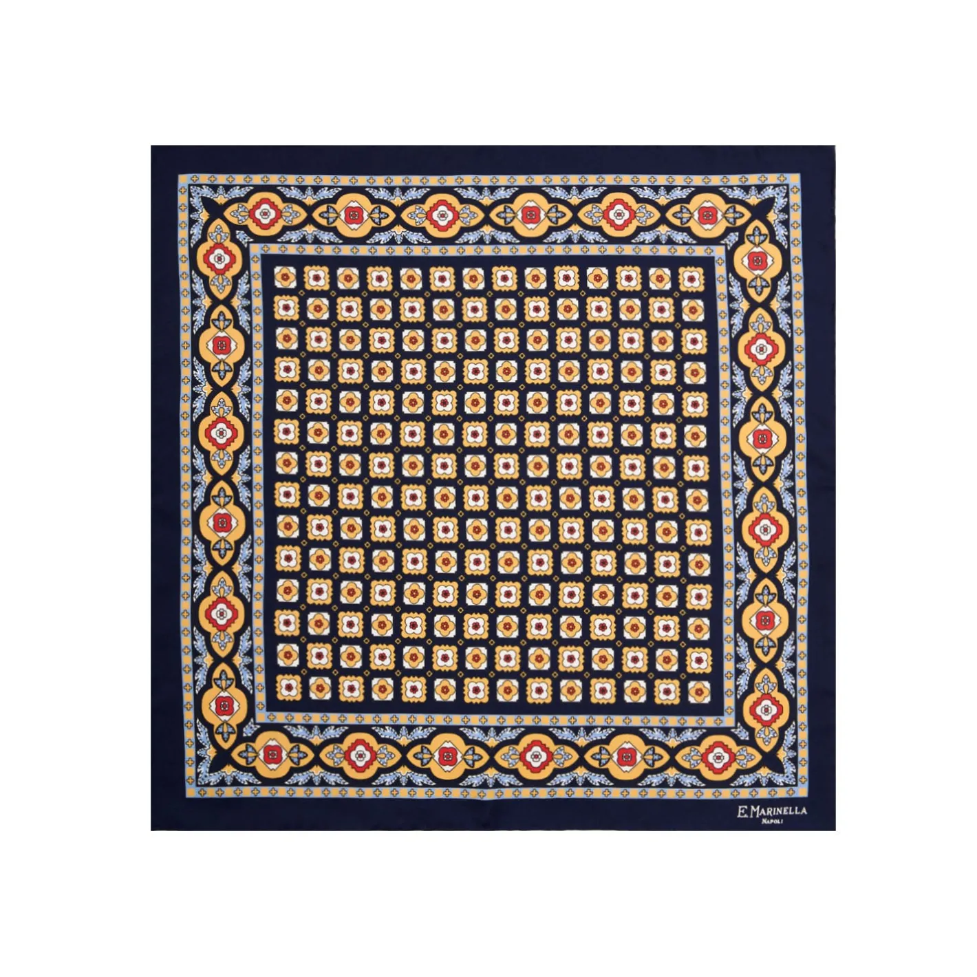 E.Marinella POCHETTE DA TASCHINO IN SETA STAMPATA A MANO BLU SCURO Microfantasia fiore
