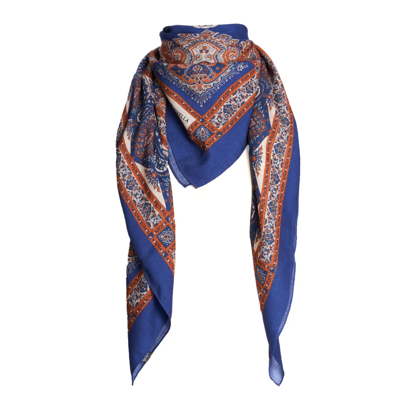 E.Marinella SCIALLE 140 MARRONE E BLUETTE IN LANA Fantasia floreale Discount