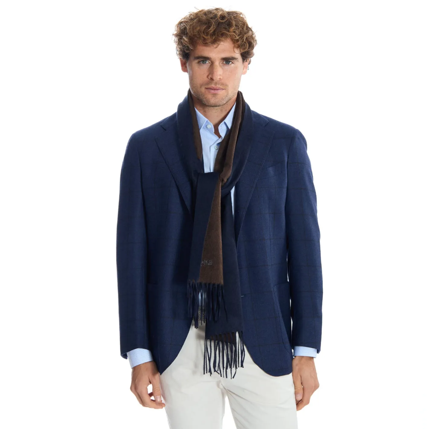 E.Marinella SCIARPA BICOLOR BLU E MARRONE SCURO IN SETA E CASHMERE Tinta unita Online