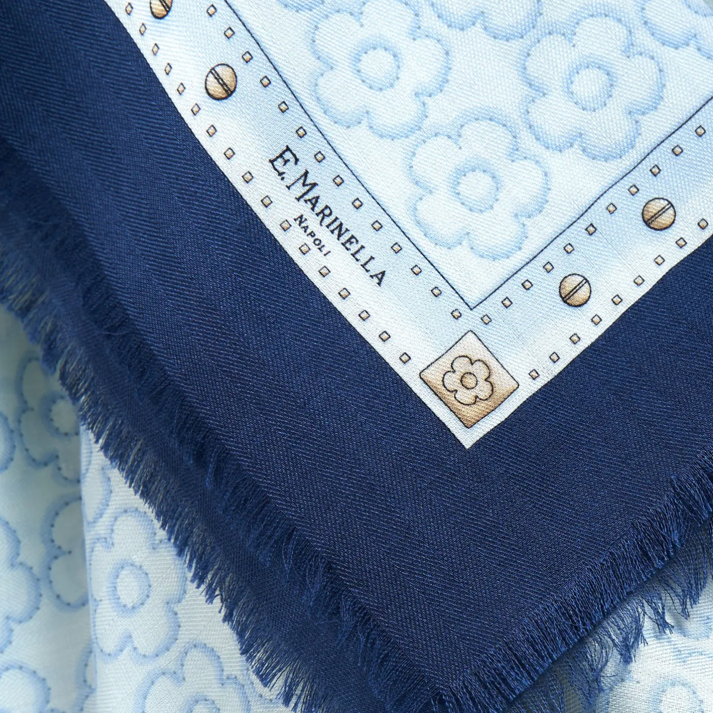 E.Marinella STOLA BLU 115 IN LANA, SETA E CASHMERE Fiori d’archivio Clearance