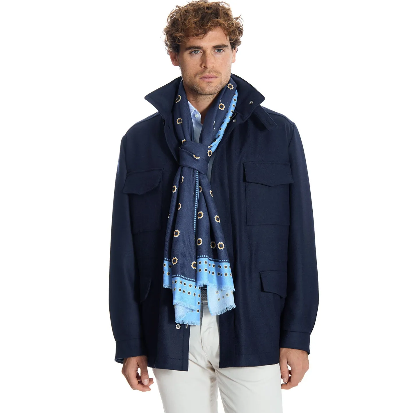 E.Marinella STOLA BLU SCURO IN LANA Decorazioni floreali Outlet