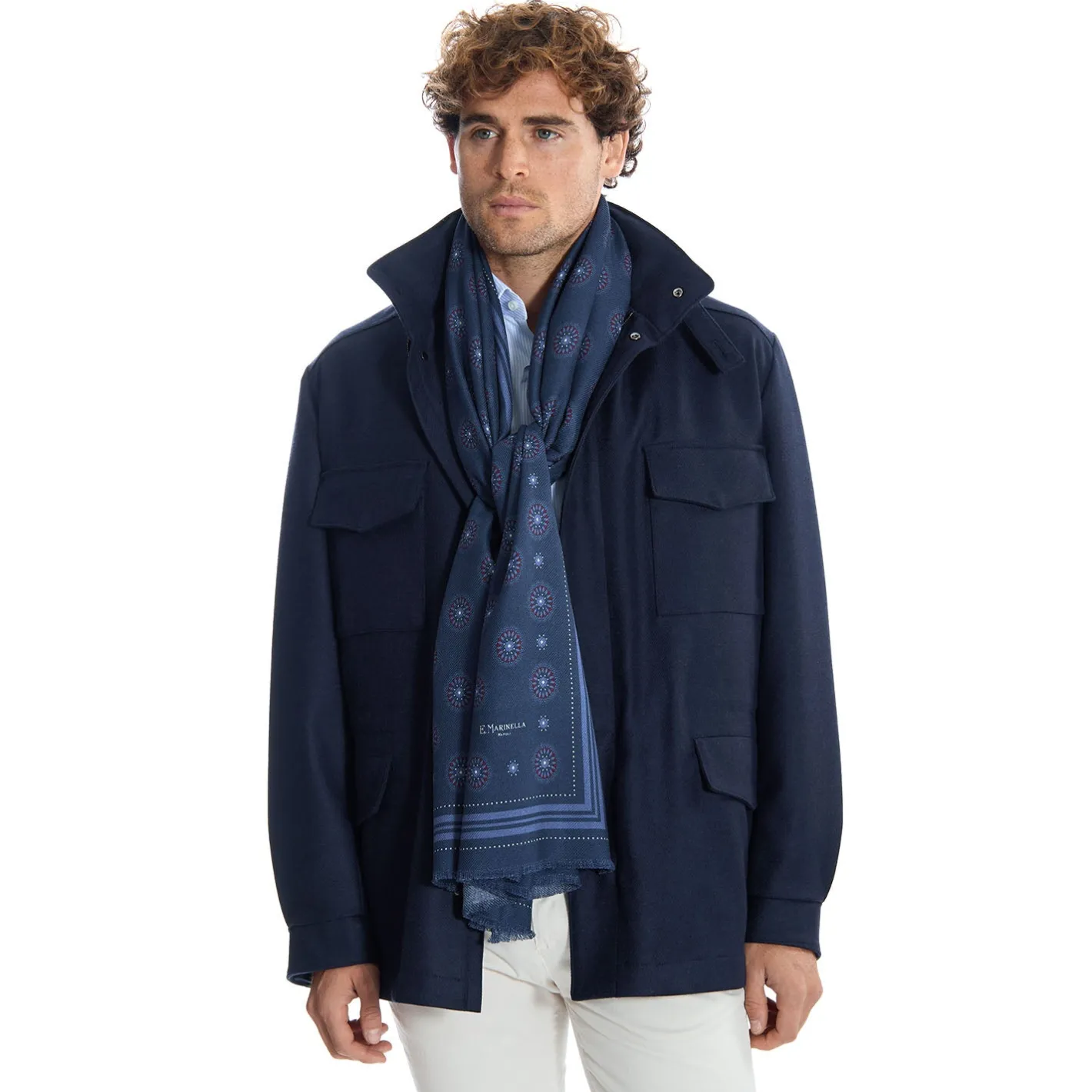 E.Marinella STOLA DARK BLUE IN LANA Decorazioni floreali Sale