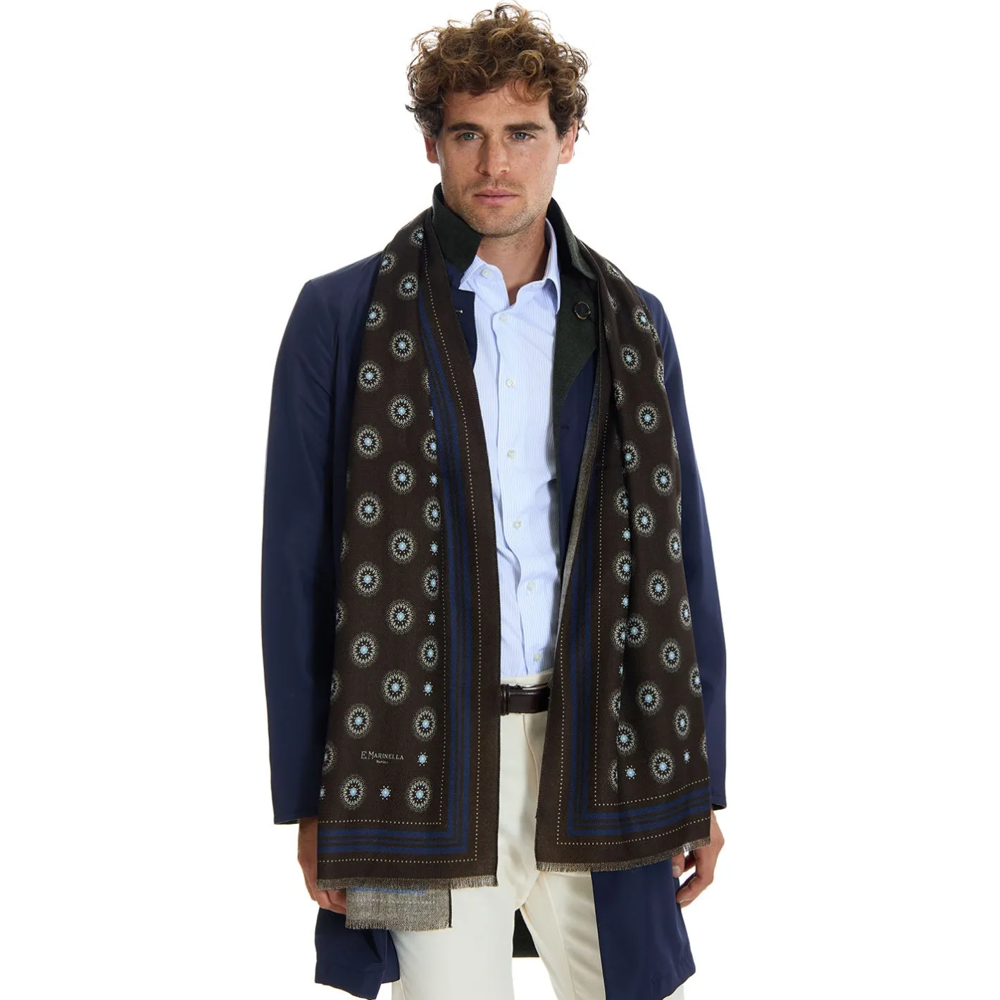 E.Marinella STOLA DARK BROWN IN LANA Decorazioni floreali Outlet