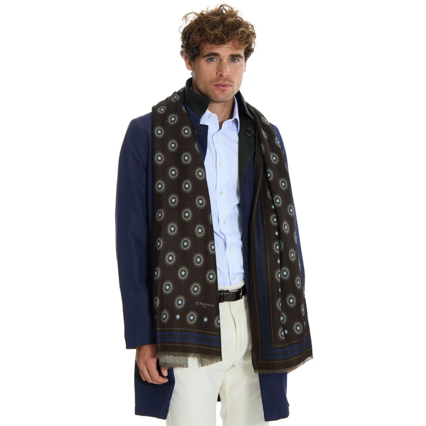 E.Marinella STOLA DARK BROWN IN LANA Decorazioni floreali Outlet
