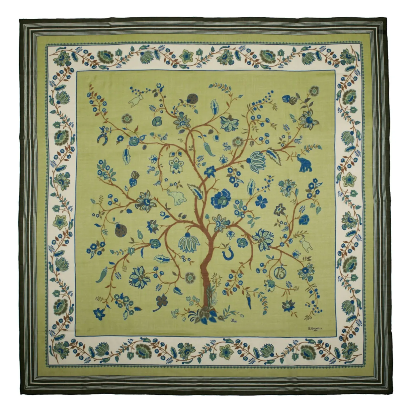 E.Marinella STOLA VERDE OLIVA 140 IN LANA E CASHMERE Albero della vita Sale